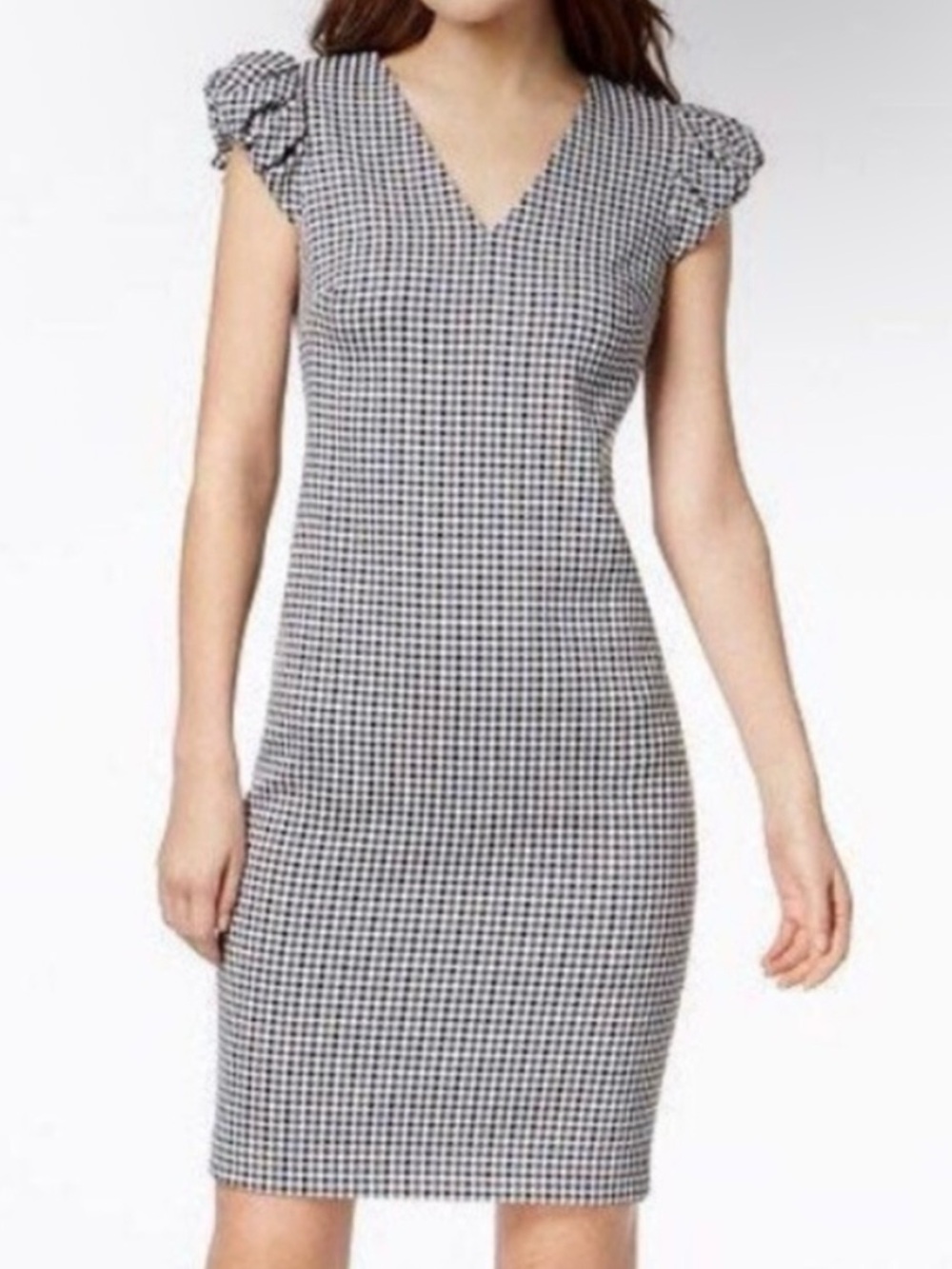 Calvin Klein gray white plaid gingham ruffle sleeve career dress size 8